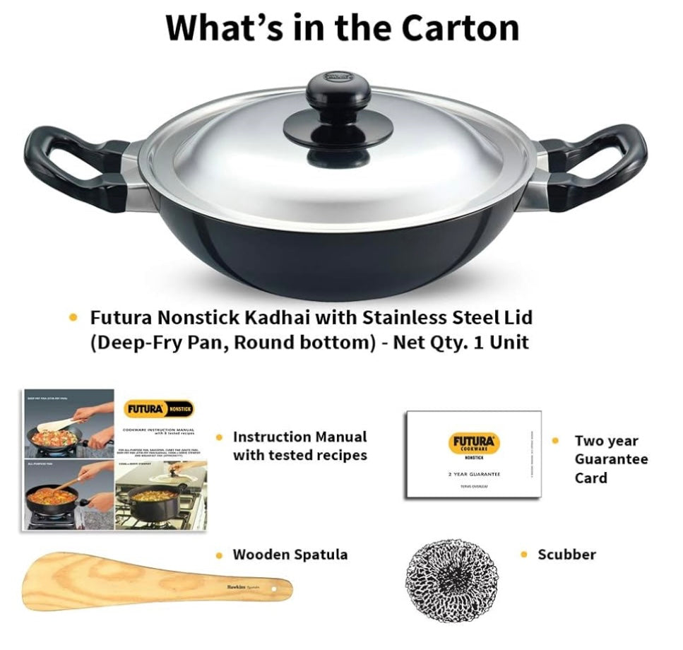 Hawkins Futura 1.5 Litre Deep Fry Pan, Non Stick Kadai, Round Bottom Kadhai, Small Non Stick Kadai, Black (NK15)