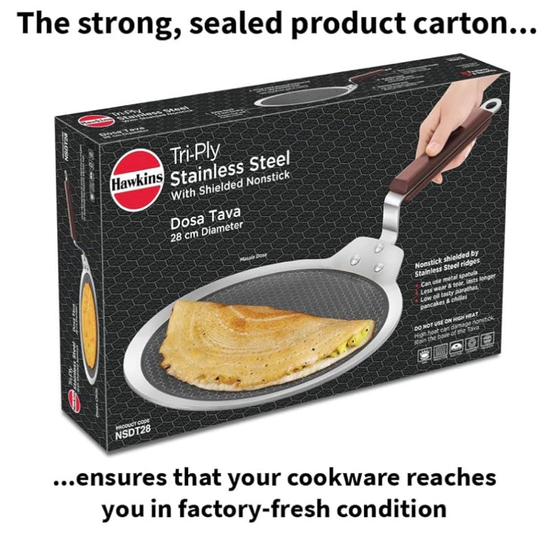 Hawkins 28 cm Dosa Tava, Triply Stainless Steel Shielded Nonstick Tawa with Rosewood Handle, Honeycomb Non Stick Induction Tawa, Silver (NSDT28)