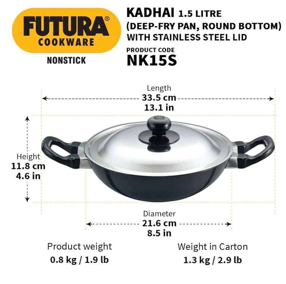 Hawkins Futura 1.5 Litre Deep Fry Pan, Non Stick Kadai, Round Bottom Kadhai, Small Non Stick Kadai, Black (NK15)