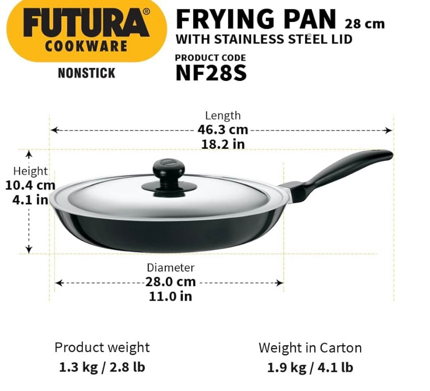 Hawkins Futura 28 cm Frying Pan, Non Stick Fry Pan with Stainless Steel Lid, Big Frying Pan, Black (NF28S)