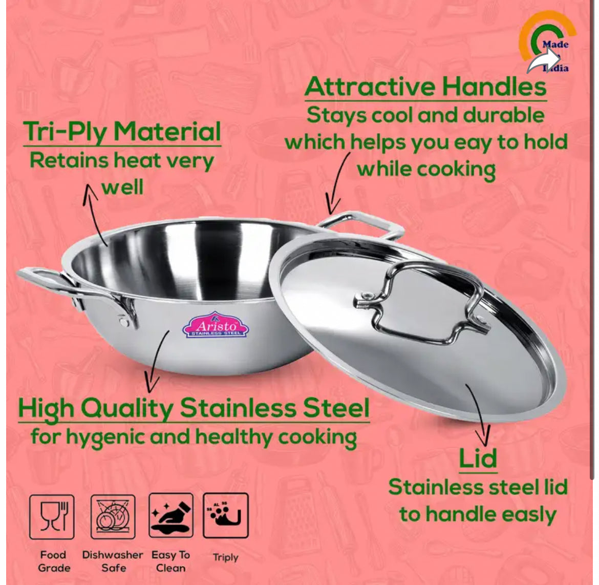 Aristo Triply Induction Friendly Kadhai Kadai with Stainless Steel Lid, Silver, 30cm, 4.7 Litre