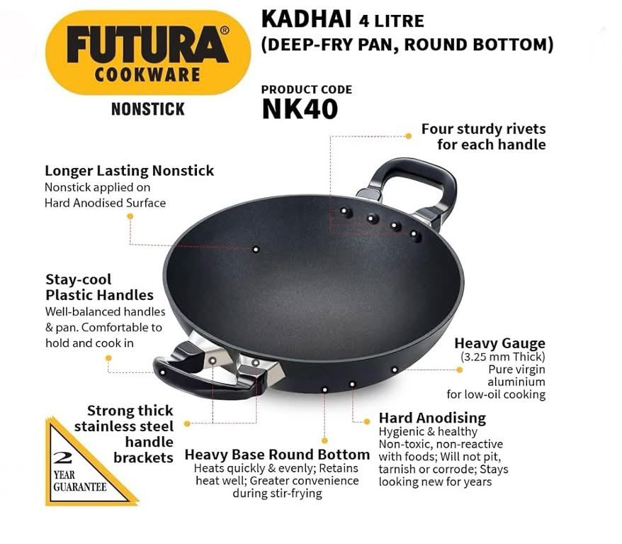 Hawkins Futura Nonstick Kadhai 4 L, 30 cm, 3.25 mm with SS lid (NK40S)