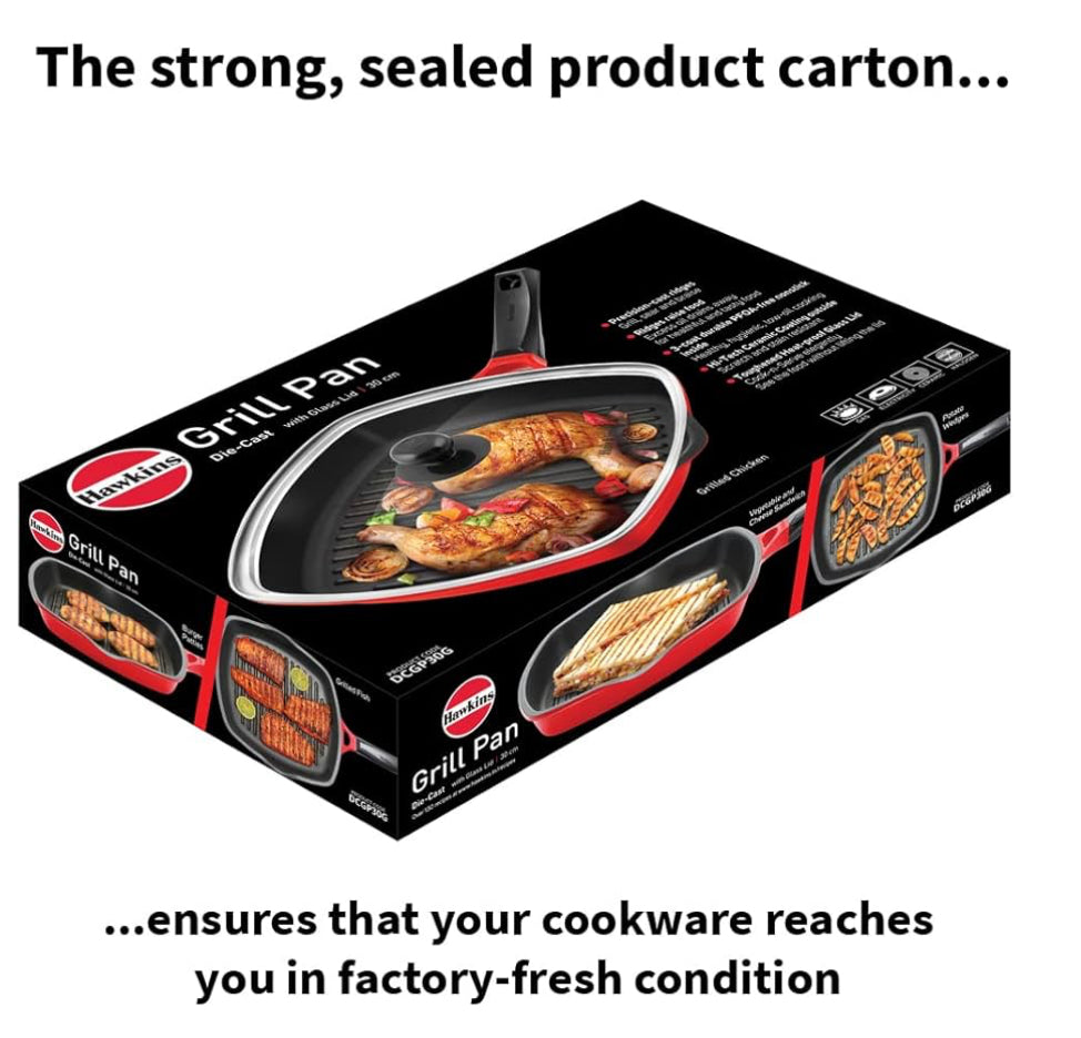 Hawkins 30 cm Grill Pan, Non Stick Die Cast Grilling Pan with Glass Lid, Square Grill Pan for Gas Stove, Ceramic Coated Pan, Roast Pan (DCGP30G)