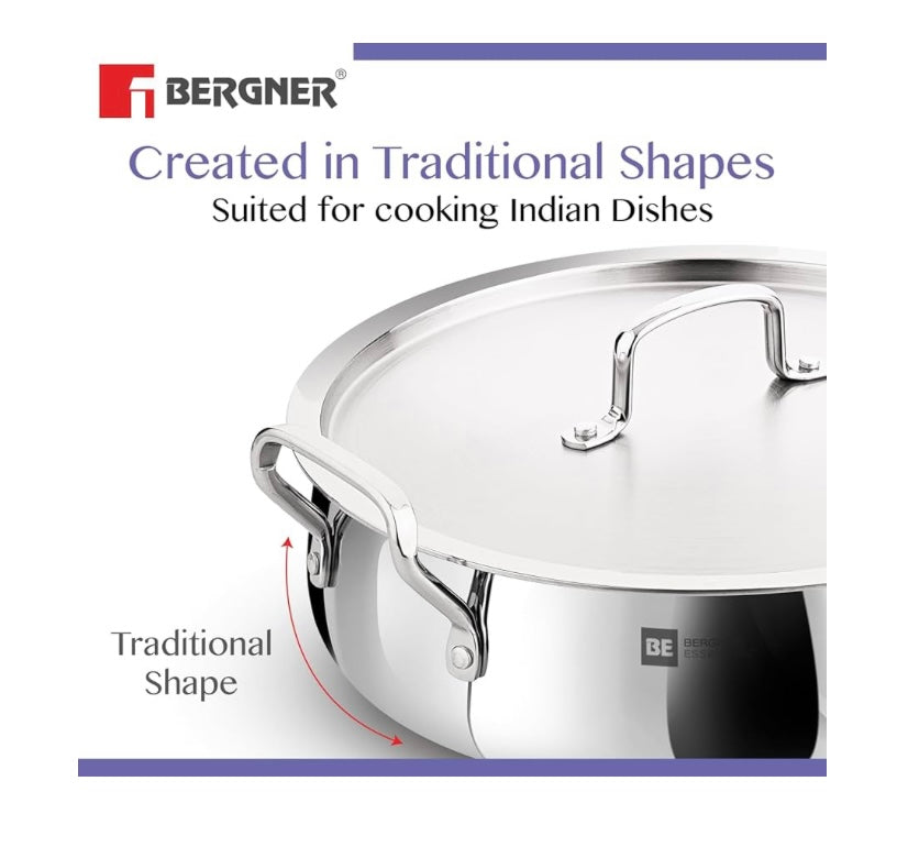 Bergner BE Bergner Essentials TriPly Stainless Steel 28 cm Biryani Handi with Lid, 6.4 L Biryani Pot, Patila Handi, Even Heat Distribution, Induction Bottom and Gas Stove Ready