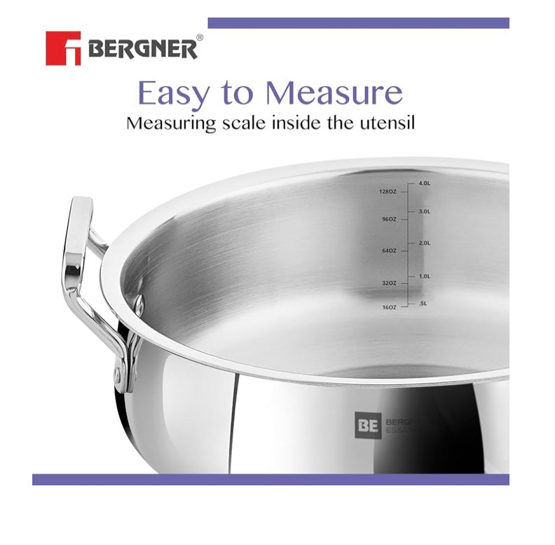 Bergner BE Bergner Essentials TriPly Stainless Steel 28 cm Biryani Handi with Lid, 6.4 L Biryani Pot, Patila Handi, Even Heat Distribution, Induction Bottom and Gas Stove Ready
