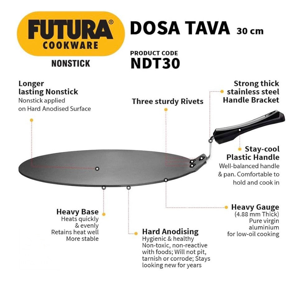 Hawkins Futura 30 cm Dosa Tava, Non Stick Dosa Tawa, Flat Dosa Tawa, Black (NDT30)