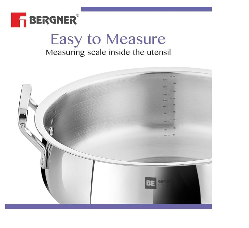Bergner BE Bergner Essentials TriPly Stainless Steel 32 cm Biryani Handi Lid, 8.4 L Biryani Pot, Large Patila Handi, Even Heat Distribution, Induction & Gas Compatible, Silver