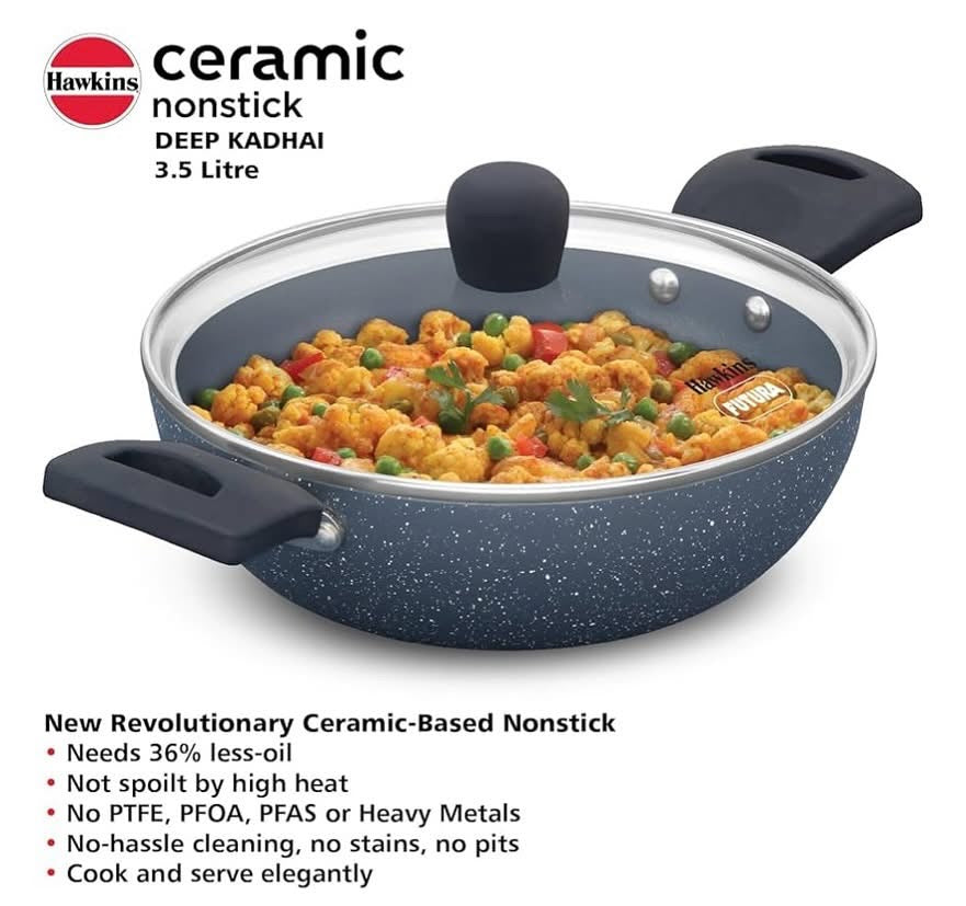 HAWKINS Ceramic Nonstick 3.5 Litre Deep Kadhai, Induction Deep Fry Pan with Glass Lid, Granite Kadai (ICK35G)