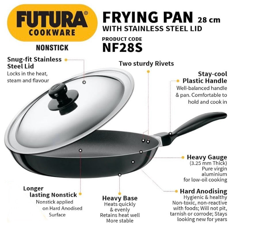 Hawkins Futura 28 cm Frying Pan, Non Stick Fry Pan with Stainless Steel Lid, Big Frying Pan, Black (NF28S)