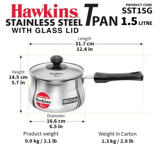 Hawkins Stainless Steel Tpan 1.5L with Glass lid