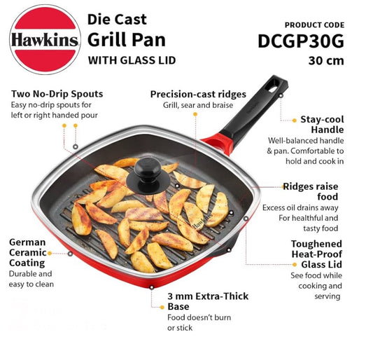 Hawkins 30 cm Grill Pan, Non Stick Die Cast Grilling Pan with Glass Lid, Square Grill Pan for Gas Stove, Ceramic Coated Pan, Roast Pan (DCGP30G)