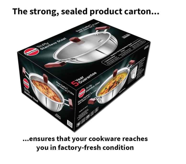 Hawkins 5 Litre Deep Kadhai, Triply Stainless Steel Kadai with Glass Lid, Flat Bottom Induction Deep Kadhai, Big Kadai, Silver (SSK50G)