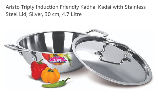 Aristo Triply Induction Friendly Kadhai Kadai with Stainless Steel Lid, Silver, 30cm, 4.7 Litre