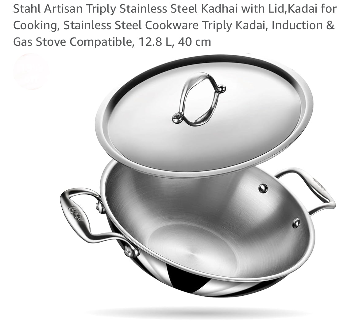 Stahl Artisan Triply Stainless Steel Kadhai with Lid,Kadai for Cooking, Stainless Steel Cookware Triply Kadai, Induction & Gas Stove Compatible, 12.8 LTS, 40 cm