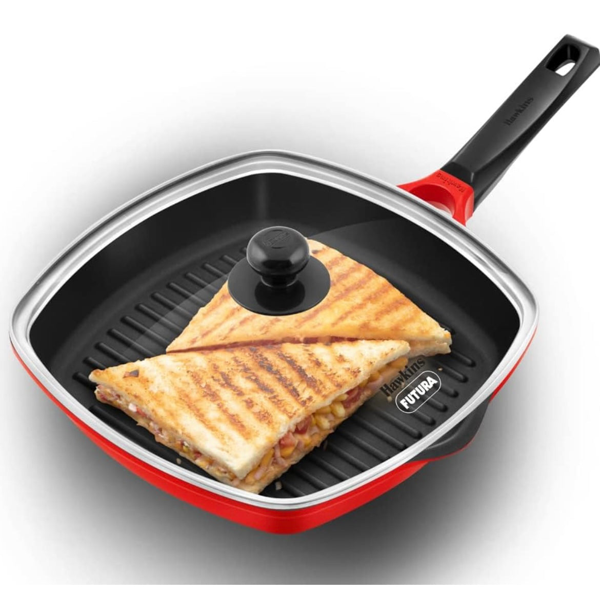 Hawkins 30 cm Grill Pan, Non Stick Die Cast Grilling Pan with Glass Lid, Square Grill Pan for Gas Stove, Ceramic Coated Pan, Roast Pan (DCGP30G)