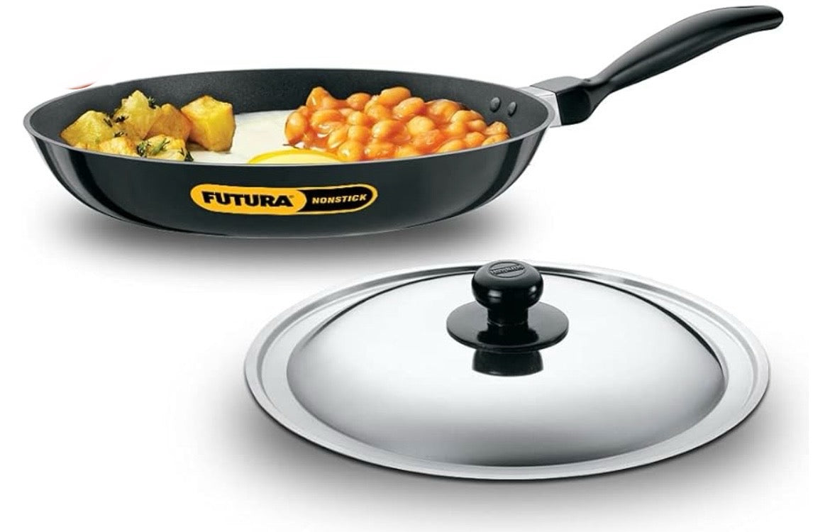 Hawkins Futura 28 cm Frying Pan, Non Stick Fry Pan with Stainless Steel Lid, Big Frying Pan, Black (NF28S)