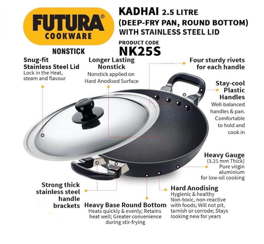 Hawkins Futura Nonstick Kadhai 2.5 L, 26 cm, 3.25 mm with SS lid (Black) (NK25S)