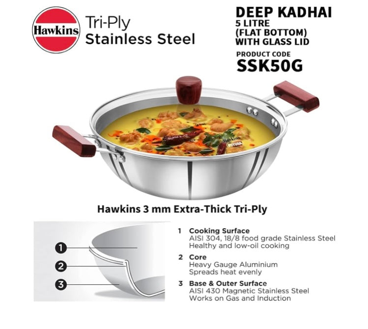 Hawkins 5 Litre Deep Kadhai, Triply Stainless Steel Kadai with Glass Lid, Flat Bottom Induction Deep Kadhai, Big Kadai, Silver (SSK50G)