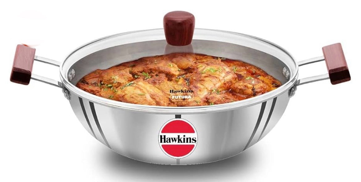 Hawkins 5 Litre Deep Kadhai, Triply Stainless Steel Kadai with Glass Lid, Flat Bottom Induction Deep Kadhai, Big Kadai, Silver (SSK50G)