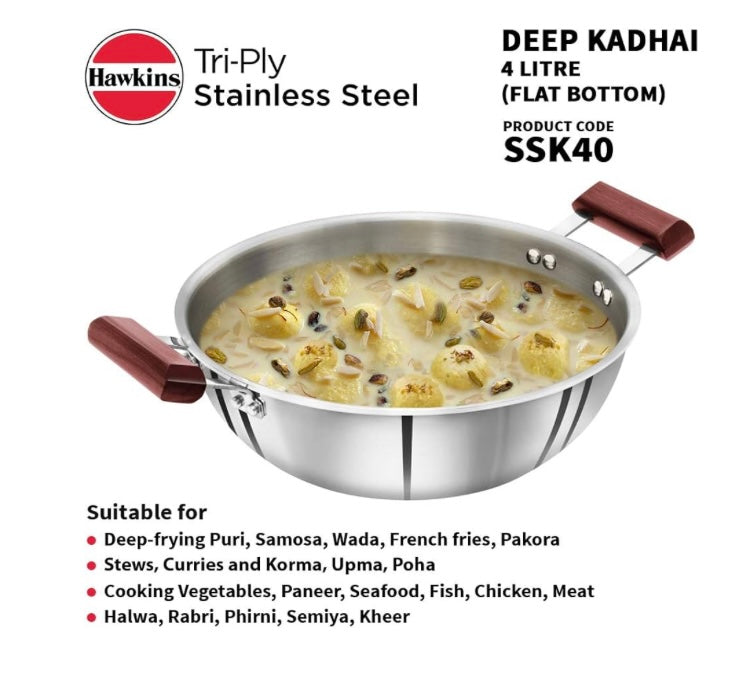 Hawkins 4 Litre Deep Kadhai, Triply Stainless Steel Kadai, Flat Bottom Induction Kadhai, Big Kadai, Silver (SSK40)