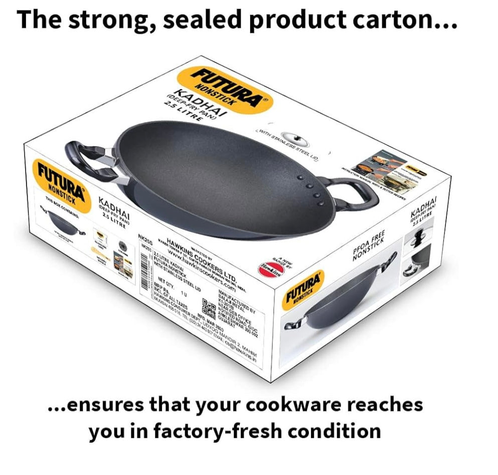 Hawkins Futura Nonstick Kadhai 2.5 L, 26 cm, 3.25 mm with SS lid (Black) (NK25S)