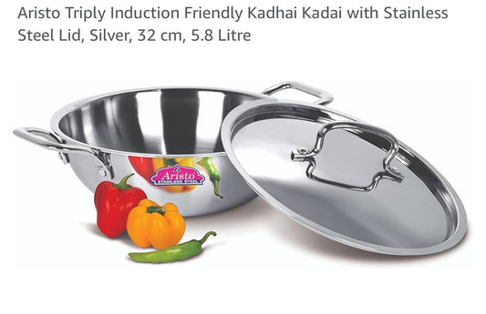 Aristo Triply Induction Friendly Kadhai Kadai with Stainless Steel Lid, Silver, 32 cm, 5.8 Litre