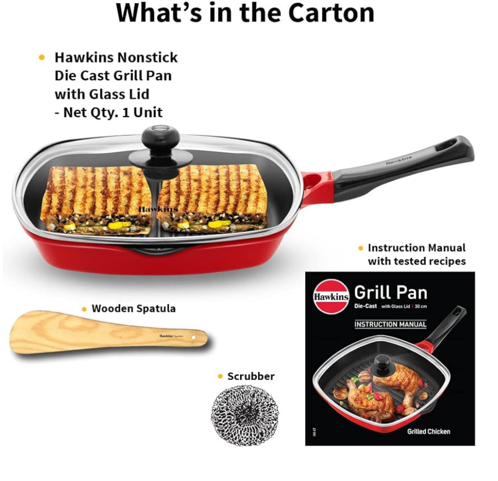 Hawkins 30 cm Grill Pan, Non Stick Die Cast Grilling Pan with Glass Lid, Square Grill Pan for Gas Stove, Ceramic Coated Pan, Roast Pan (DCGP30G)