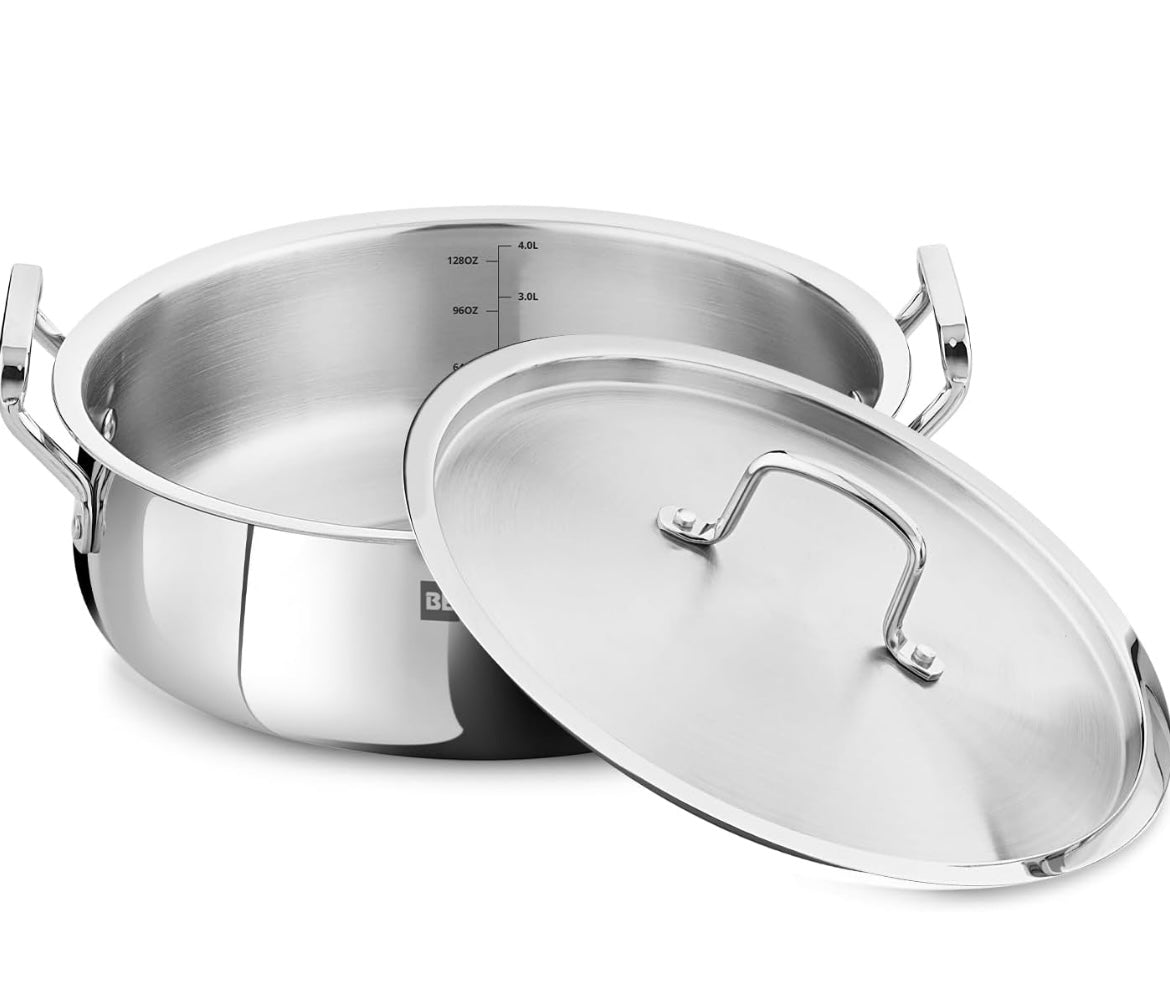 Bergner BE Bergner Essentials TriPly Stainless Steel 28 cm Biryani Handi with Lid, 6.4 L Biryani Pot, Patila Handi, Even Heat Distribution, Induction Bottom and Gas Stove Ready
