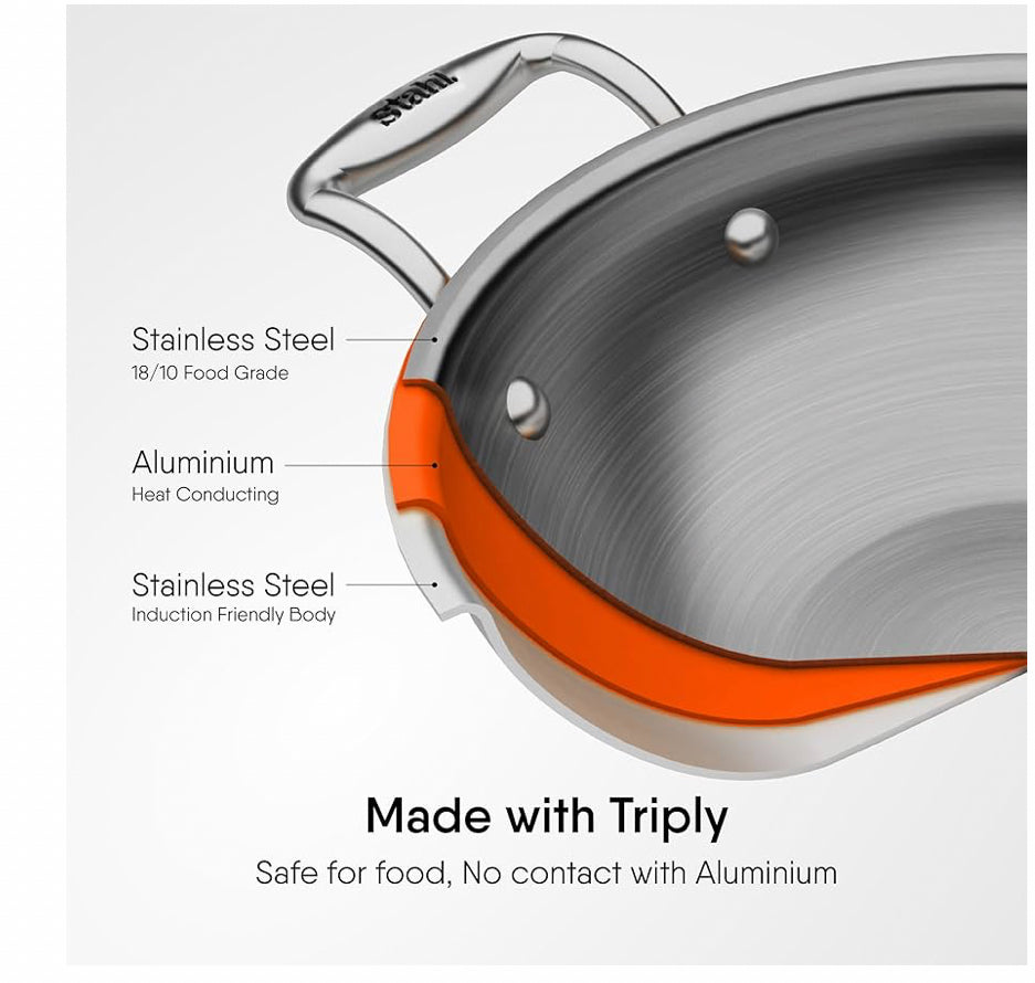 Stahl Artisan Triply Stainless Steel Kadhai with Lid,Kadai for Cooking, Stainless Steel Cookware Triply Kadai, Induction & Gas Stove Compatible, 12.8 LTS, 40 cm