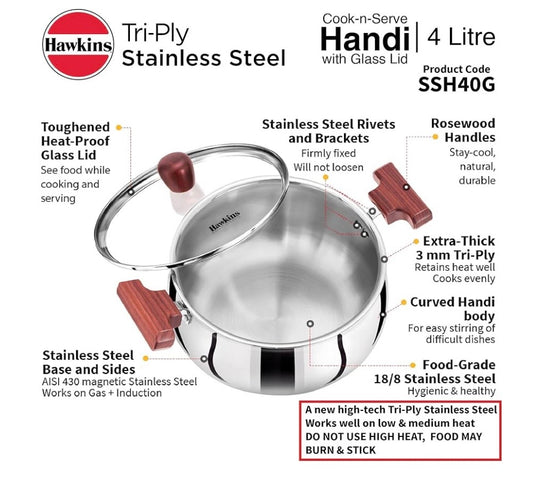 Hawkins 4 Litre Cook n Serve Handi, Triply Stainless Steel Handi with Glass Lid, Induction Sauce Pan, Saucepan, Silver (SSH40G)