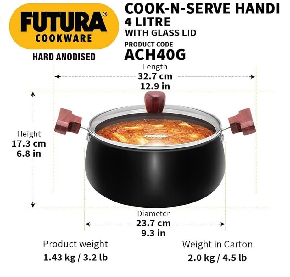 Hawkins Futura 4 Litre Cook n Serve Handi, Hard Anodised Biryani Handi with Glass Lid, Saucepan, Sauce Pan, Black (ACH40G)