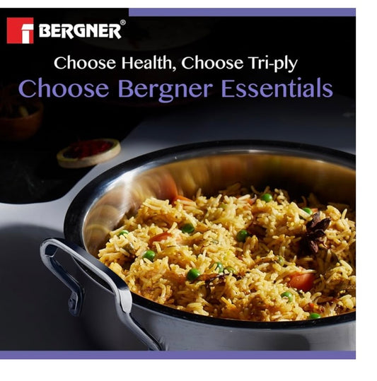 Bergner BE Bergner Essentials TriPly Stainless Steel 32 cm Biryani Handi Lid, 8.4 L Biryani Pot, Large Patila Handi, Even Heat Distribution, Induction & Gas Compatible, Silver