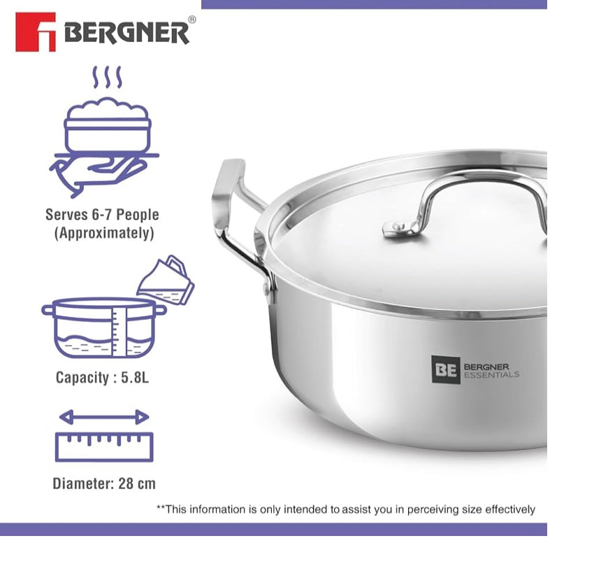Bergner BE Bergner Essentials TriPly Stainless Steel 28 cm Biryani Handi with Lid, 6.4 L Biryani Pot, Patila Handi, Even Heat Distribution, Induction Bottom and Gas Stove Ready