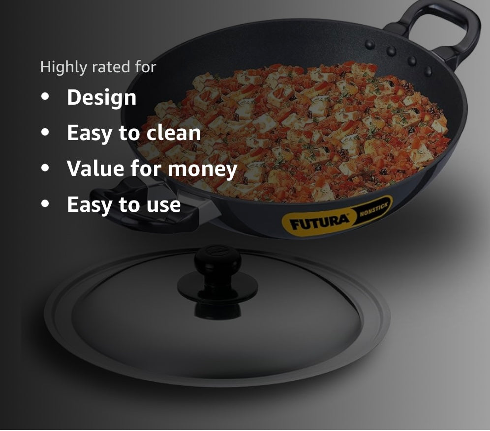 Hawkins Futura Nonstick Kadhai 2.5 L, 26 cm, 3.25 mm with SS lid (Black) (NK25S)
