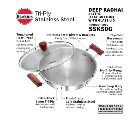 Hawkins 5 Litre Deep Kadhai, Triply Stainless Steel Kadai with Glass Lid, Flat Bottom Induction Deep Kadhai, Big Kadai, Silver (SSK50G)