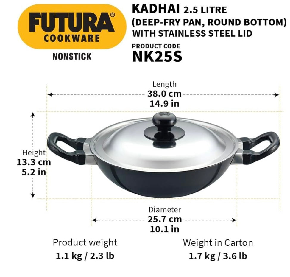 Hawkins Futura Nonstick Kadhai 2.5 L, 26 cm, 3.25 mm with SS lid (Black) (NK25S)