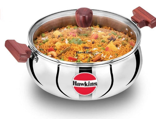 Hawkins 5 Litre Cook n Serve Handi, Triply Stainless Steel Handi with Glass Lid, Induction Sauce Pan, Saucepan, Silver (SSH50G)