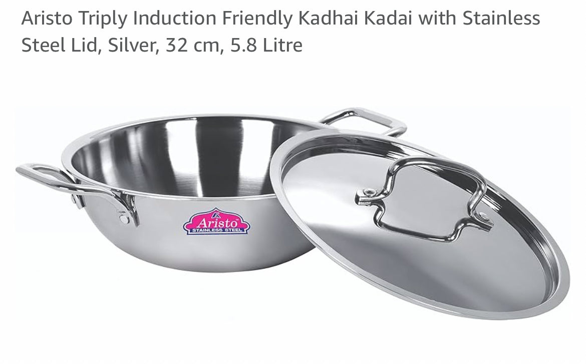 Aristo Triply Induction Friendly Kadhai Kadai with Stainless Steel Lid, Silver, 32 cm, 5.8 Litre
