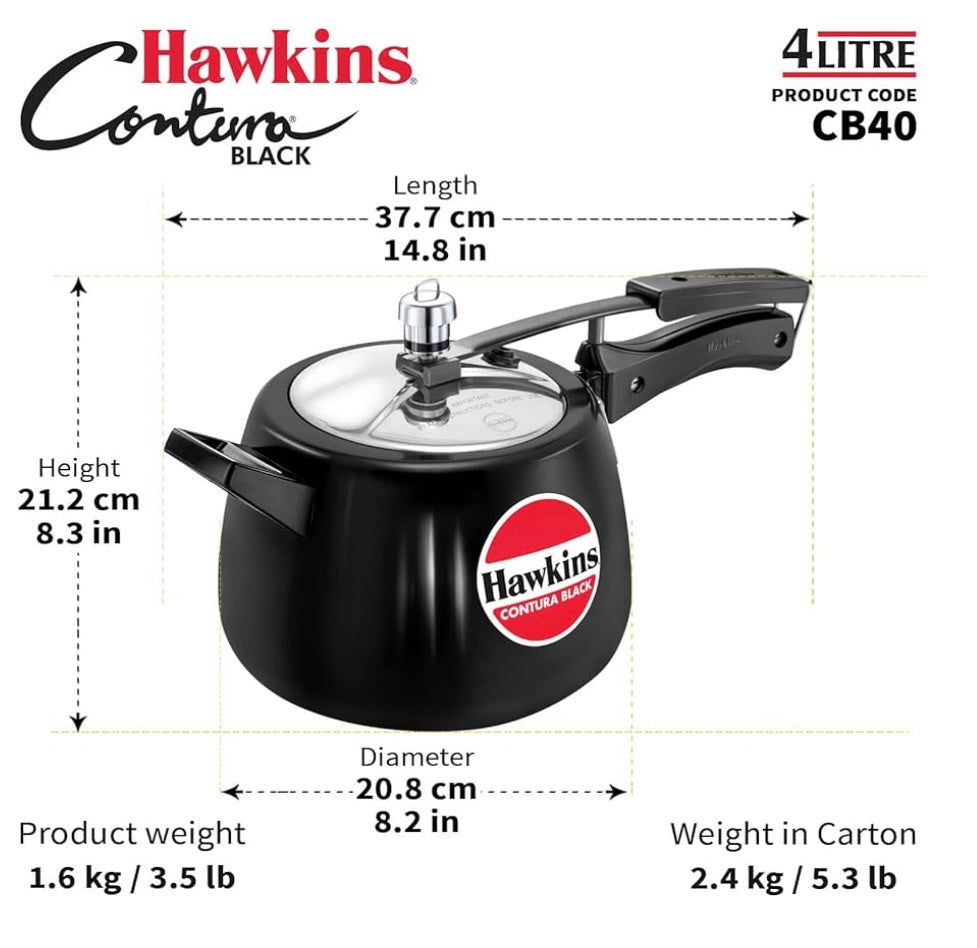 Hawkins 4 Litre Contura Black Pressure Cooker, Hard Anodised Inner Lid Cooker, Handi Cooker, Black (Cb40), 4 Liter