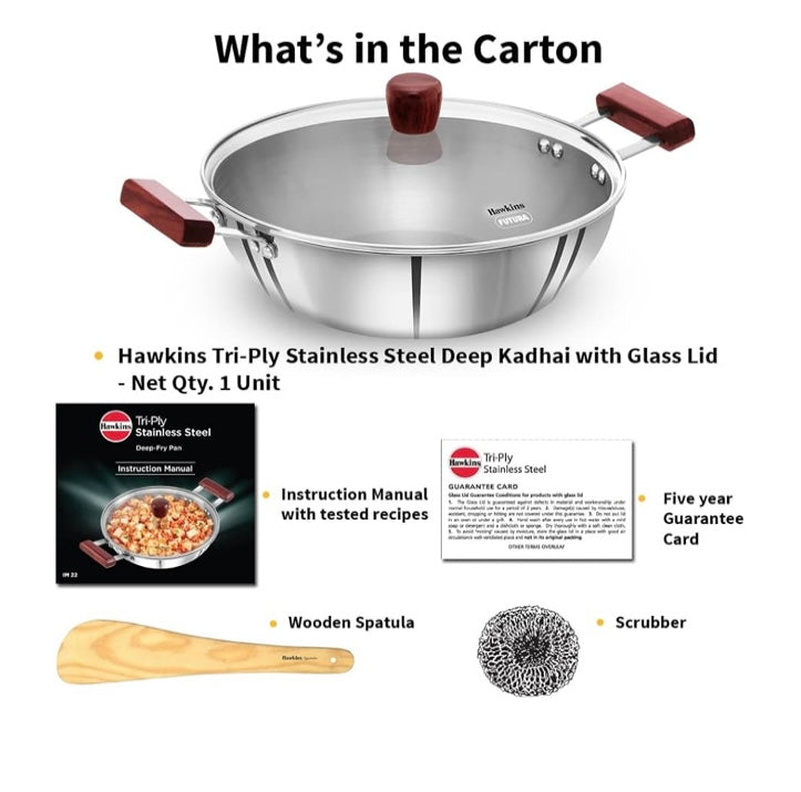 Hawkins 5 Litre Deep Kadhai, Triply Stainless Steel Kadai with Glass Lid, Flat Bottom Induction Deep Kadhai, Big Kadai, Silver (SSK50G)