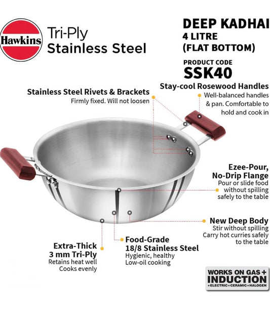 Hawkins 4 Litre Deep Kadhai, Triply Stainless Steel Kadai, Flat Bottom Induction Kadhai, Big Kadai, Silver (SSK40)