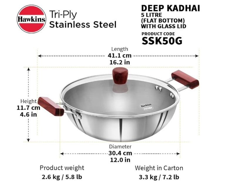 Hawkins 5 Litre Deep Kadhai, Triply Stainless Steel Kadai with Glass Lid, Flat Bottom Induction Deep Kadhai, Big Kadai, Silver (SSK50G)
