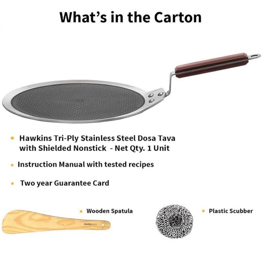 Hawkins 28 cm Dosa Tava, Triply Stainless Steel Shielded Nonstick Tawa with Rosewood Handle, Honeycomb Non Stick Induction Tawa, Silver (NSDT28)