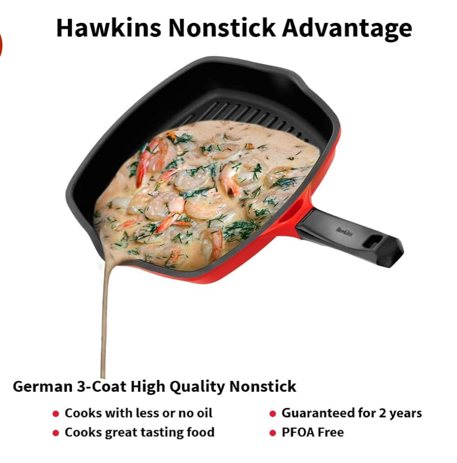 Hawkins 30 cm Grill Pan, Non Stick Die Cast Grilling Pan with Glass Lid, Square Grill Pan for Gas Stove, Ceramic Coated Pan, Roast Pan (DCGP30G)