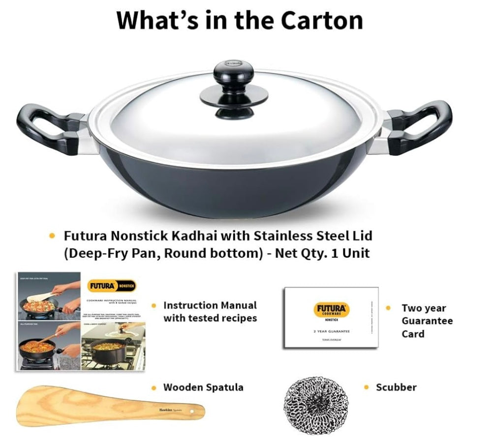 Hawkins Futura Nonstick Kadhai 2.5 L, 26 cm, 3.25 mm with SS lid (Black) (NK25S)