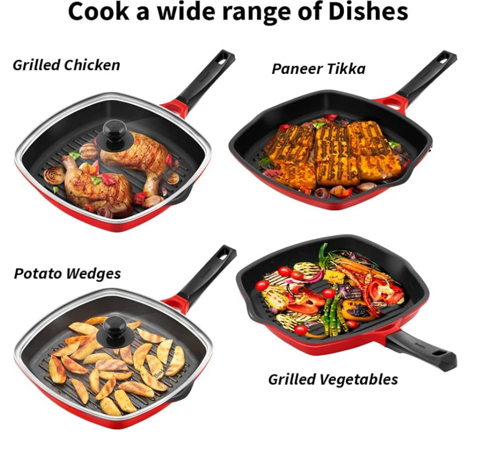 Hawkins 30 cm Grill Pan, Non Stick Die Cast Grilling Pan with Glass Lid, Square Grill Pan for Gas Stove, Ceramic Coated Pan, Roast Pan (DCGP30G)