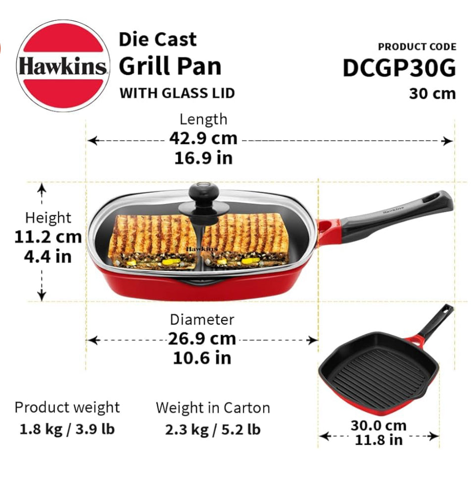 Hawkins 30 cm Grill Pan, Non Stick Die Cast Grilling Pan with Glass Lid, Square Grill Pan for Gas Stove, Ceramic Coated Pan, Roast Pan (DCGP30G)
