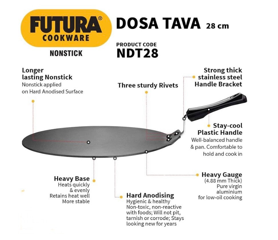 Hawkins Futura 28 cm Dosa Tava, Non Stick Dosa Tawa, Small Dosa Tawa (NDT28) (Black)