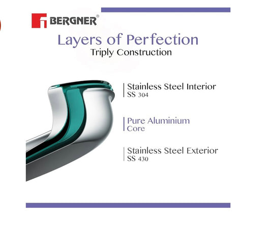 Bergner BE Bergner Essentials TriPly Stainless Steel 28 cm Biryani Handi with Lid, 6.4 L Biryani Pot, Patila Handi, Even Heat Distribution, Induction Bottom and Gas Stove Ready