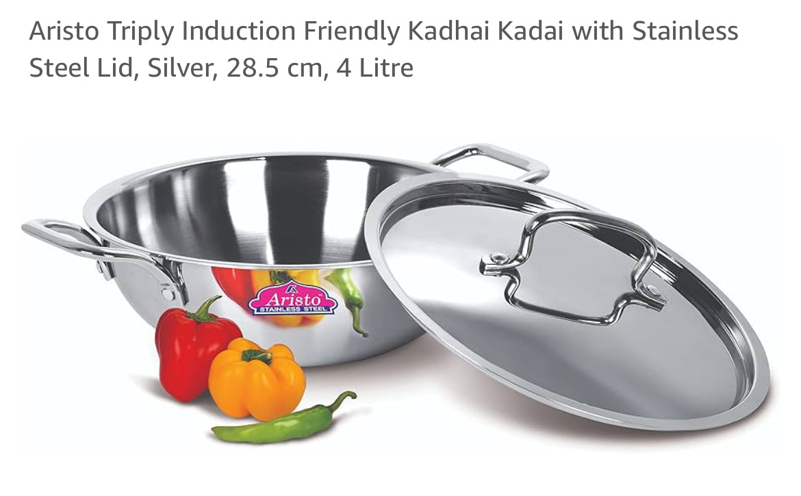 Aristo Triply Induction Friendly Kadhai Kadai with Stainless Steel Lid, Silver, 28.5 cm, 4 Litre